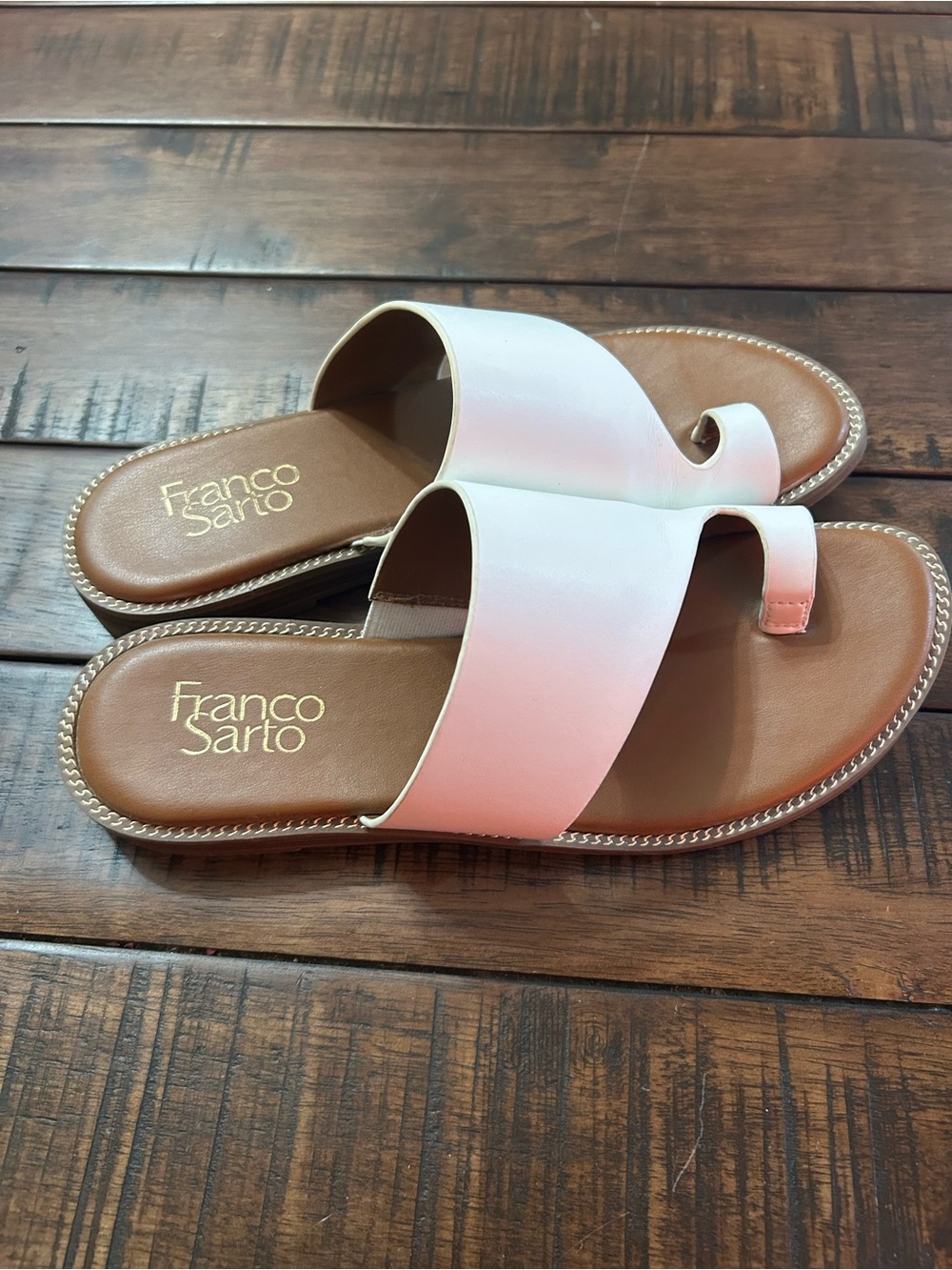 Franco Sarto White and Tan Slide Sandals with Toe Loop - Picture 2 of 3